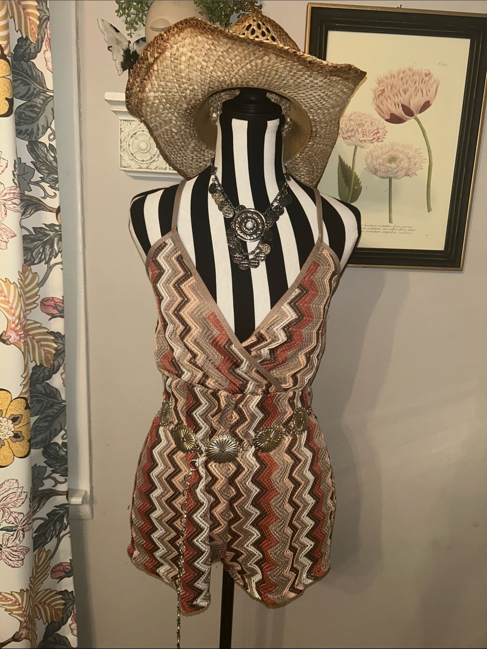 Missoni inspired Zigzag Chevron Romper in Rust, Brown Cream & silver Concho belt